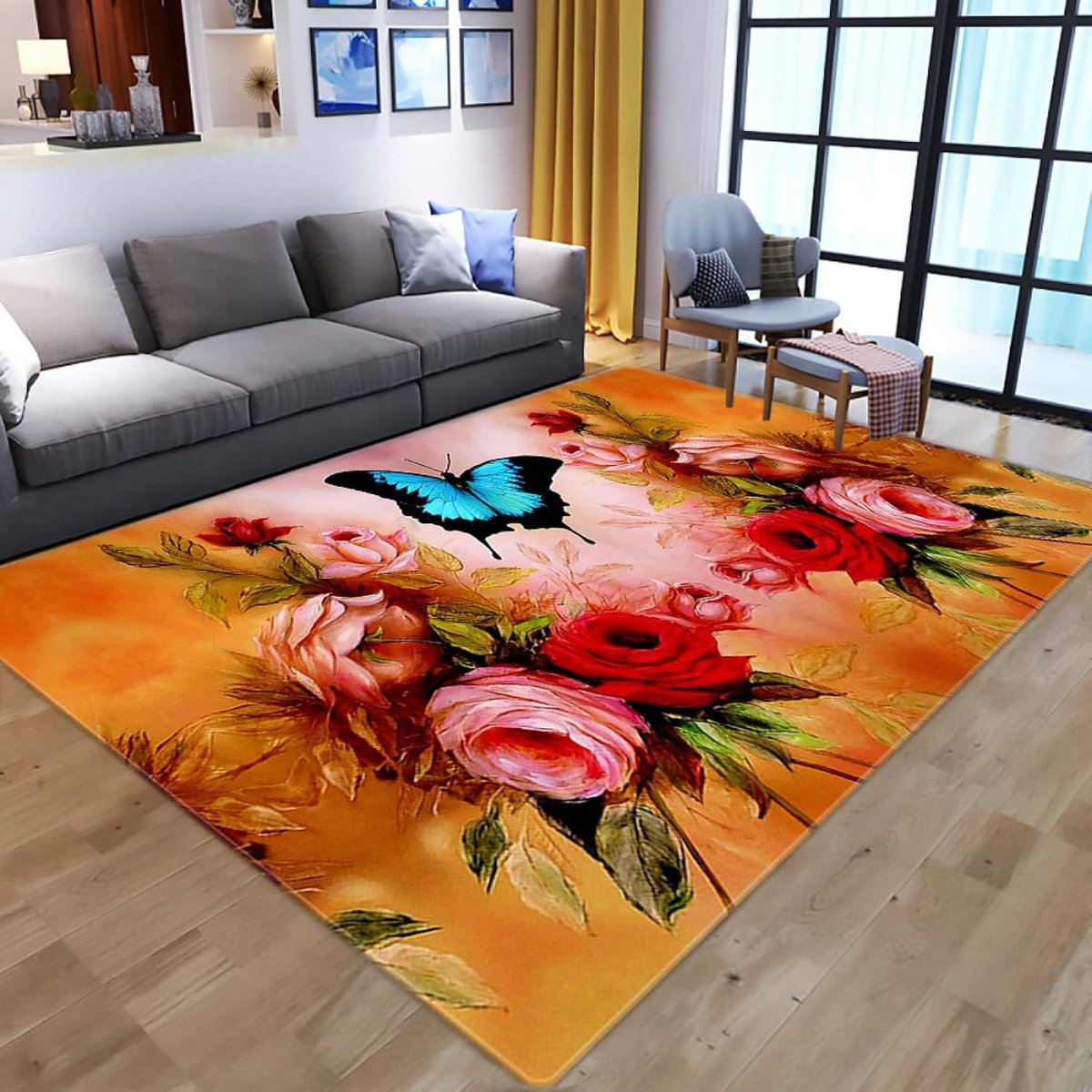 Blauw Vloerkleed met 3D Vlinder en Bloemenpatroon - 100 x 200 cm