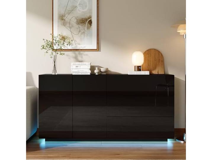 JiaOyu Hochglanz Sideboard mit 2 Türen und 3 Schublade, Moderner Sideboard mit LED-Beleuchtung, Beistelltisch Seitenschrank Buffetschrank Für Wohnzimmer & Esszimmer