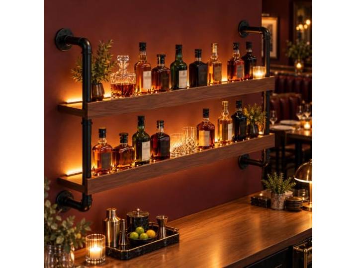 AUSKLEZU Wand-Weinregal Industrie-Design LED (Nussbaum, 2-69CM) Mit LED-Lichtleiste, Bis 80 kg Traglast, 20 cm Tiefe, Einfache Wandmontage, Für Bar & Restaurant