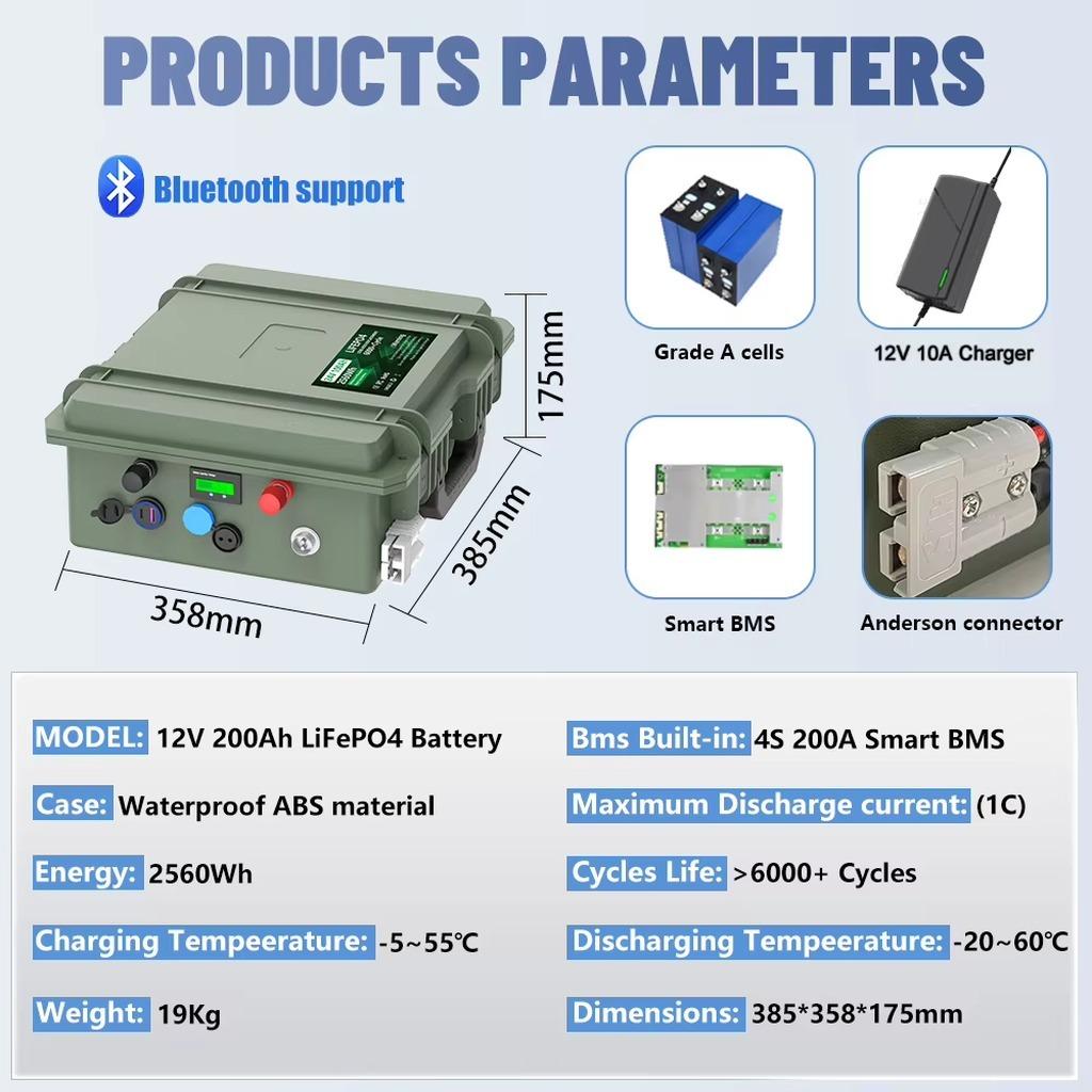 LiFePO4-Batterie - 12 V 200 Ah - 2560 Wh - Bluetooth-BMS - 6000+ Ladezyklen - IP56