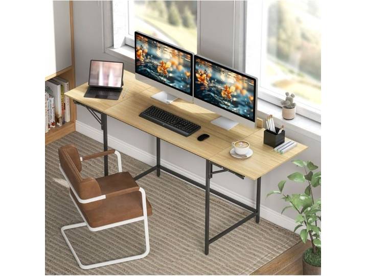 Bureau Informatique Pliable 2 Plateaux Rabattables et Longueur Réglable Grand Plateau - MEUNIQ - Chêne et Noir