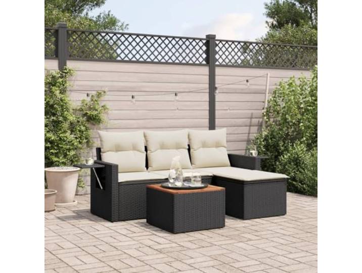 POUFGDR Gartenmöbel, 5-teilig, mit Kissen, Schwarz, Kunstharz, gewebt Beistelltisch, klappbar, Akazienholz, abnehmbare Bezüge, modulares Design, für Terrasse