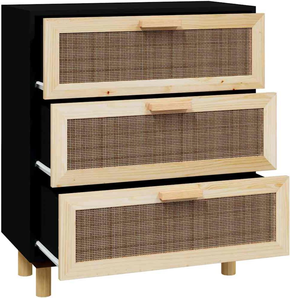 vidaXL Buffet Noir 60x30x70 cm Bois de pin massif et rotin naturel