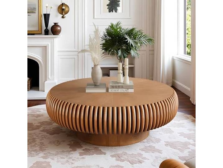 WXFKLDJ Runder, Geriffelter Couchtisch (80 cm), Braun Moderner Holz-Trommeltisch Für Das Wohnzimmer, Handgefertigter Relieftisch Mit Stabilem Sockel, Einfache Montage