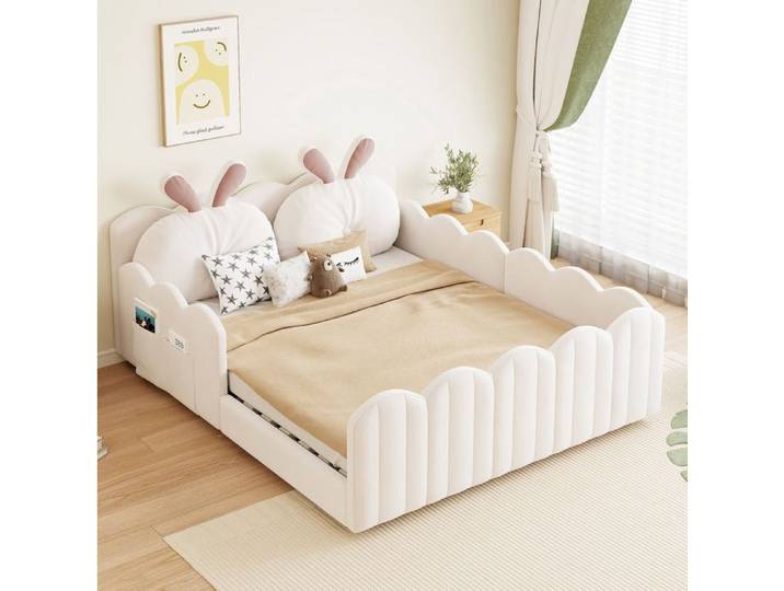 WUVRIE Lit plateforme rembourré 140x200 cm beige avec tête de lit lapin barrières de sécurité