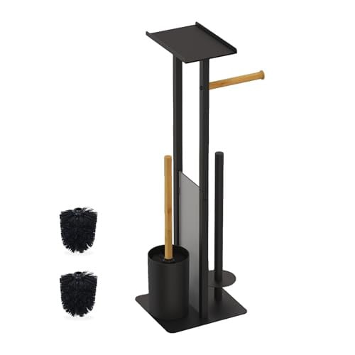 Relaxdays Toiletbutler met wc-rolhouder, reserverolhouder, plankje en toiletborstel, zwart
