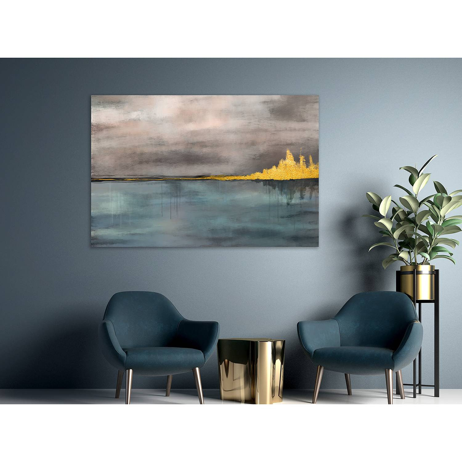 home24 Golden City abstracte wanddecoratie blauw 90 x 60 cm