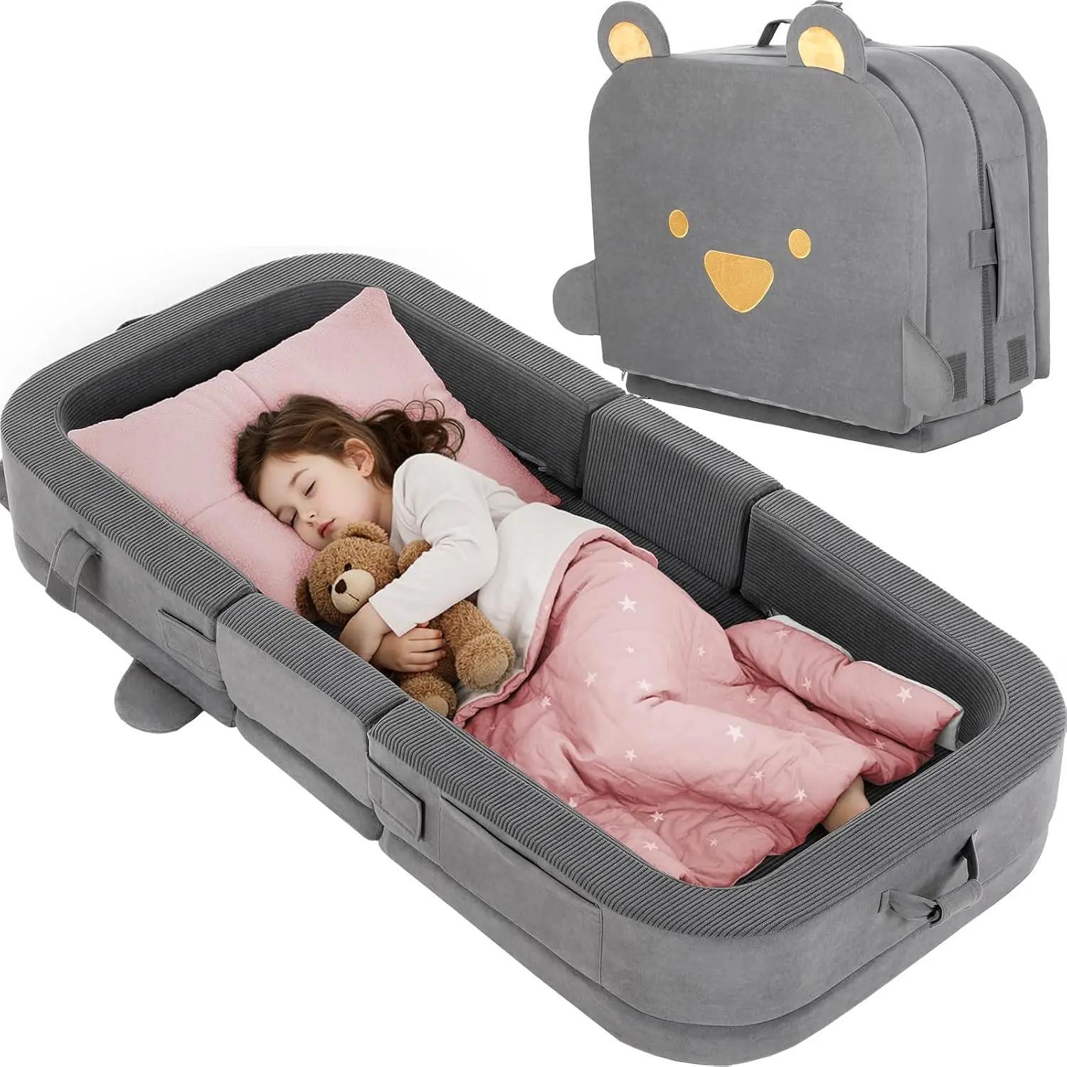 Kinder-Reisebett - Faltbares Bodenbett für Kleinkinder - Tragbar - Weicher Schaum - Waschbarer Bezug - Mit Sicherheitskanten - Für 1-4 Jahre - 160×200 cm - Grau