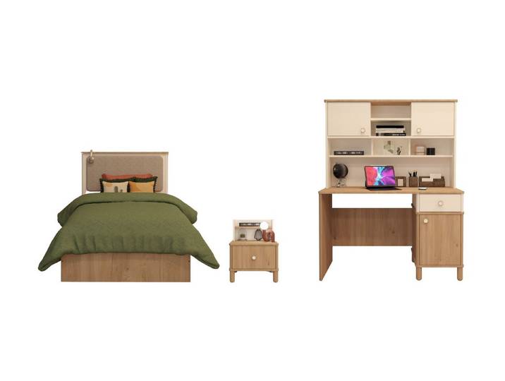 Villa Möbel Jugendzimmer-Set Vomera, (Jugendzimmer-Set, 3-tlg., Bett mit Kopfteil, 1 x Nachttisch und Schreibtisch), Bett Schrank Schreibtisch mit natürlicher Holzoptik und Ordnung