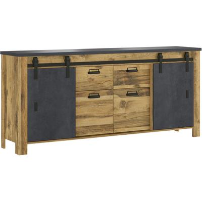 Sideboard HOME AFFAIRE "York, moderner Schrank, Kommode in Hunton Oak Dekor, Industrialdesign", braun (hunton oak dekor), B:201cm H:91cm T:44cm, Sideboards, Sideboard, mit Scheunentorbeschlägen & Apothekergriffen aus Metall, 201 cm breit