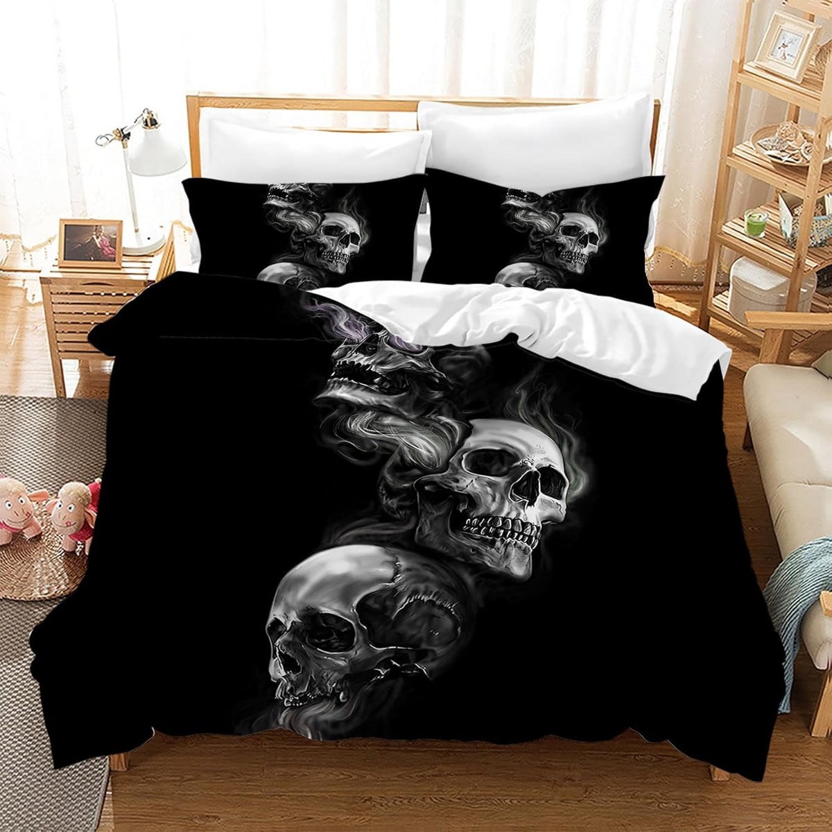 Schedel Dekbedovertrek Set met Kussenslopen, Microvezel, Gothic Beddengoed, 135 x 200 cm