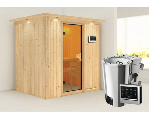Plug & Play Sauna Karibu Wanja inkl. 3,6 kW -Ofen und externe Steuerung mit Dachkranz und bronzierter Ganzglastüre