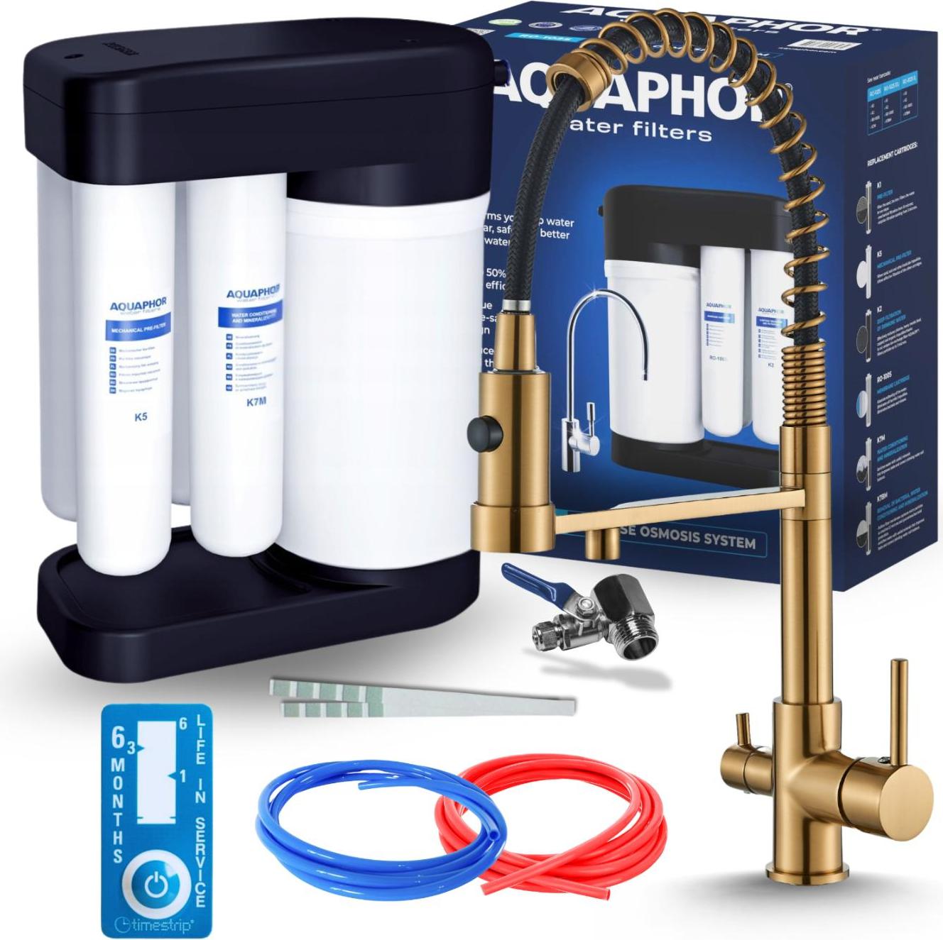 Wasserfilter Set Morion mit 3-Wege Küchenarmatur, Umkehrosmose, Wasserfilter-Anschluss, ausziehbare Brause, 360° schwenkbar, Gold