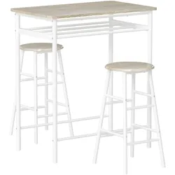 BARTISCH Set 3-teilig Küchentisch mit Stuhl Stehtisch Barhocker Stahl Weiß+Eiche