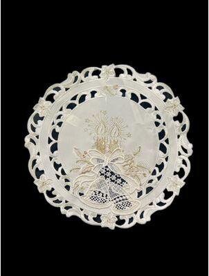 Jiallo Christmas Candle Beige Lace Embroidered Cutwork Round Placemat, 12-Inch diameter
