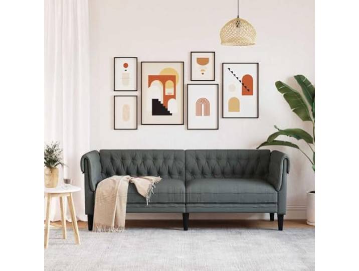 KTHLBRH Chesterfield-Sofa, 3-Sitzer, dunkelgrau, Stoff Aufgerollte Armlehnen, dicke Polsterung, robuste Beine, 110 kg pro Sitzplatz