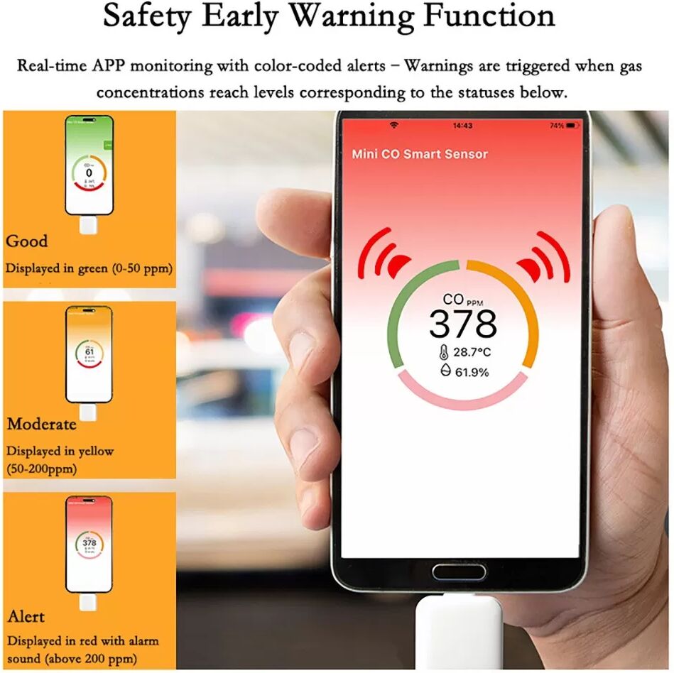 INF Mini détecteur de monoxyde de carbone portable - Moniteur de gaz CO compatible avec iOS et Android