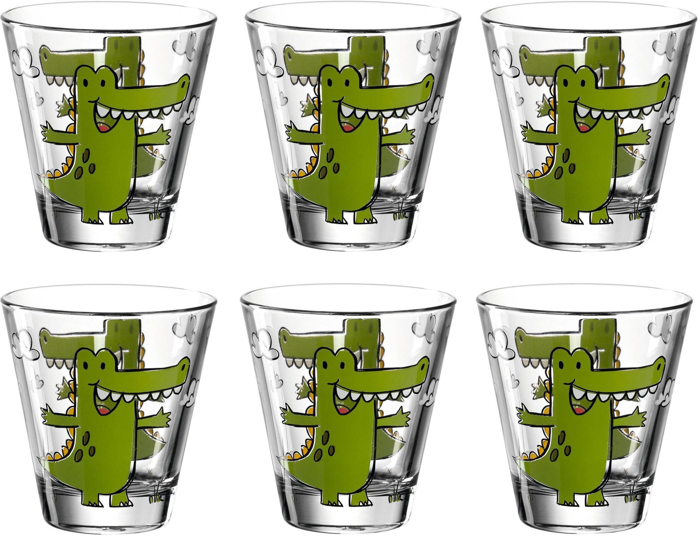 Glas LEONARDO "Bambini Krokodil 215 ml 6 Stück", Kinder, Gr. Ø 9cm x 9cm, 215ml, grün (grün, transparent), Glas, Trinkgefässe Glas grün, transparent Ø 9cm x 9cm, 215ml