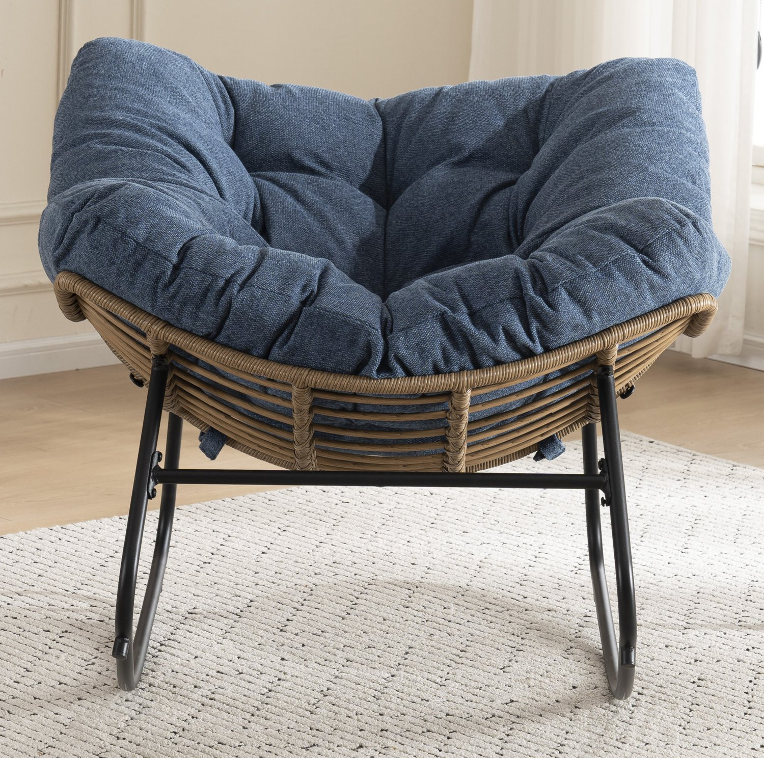 WUVRIE Schommelstoel met blauwe chenille bekleding en metalen frame