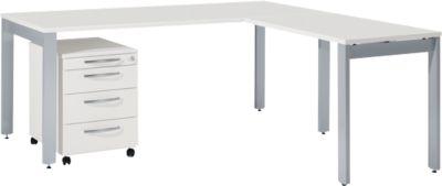 Schäfer Shop Select Komplettset LOGIN, 4-Fuß Schreibtisch 1800 mm, 4-Fuß Anbautisch, Rollcontainer, lichtgrau