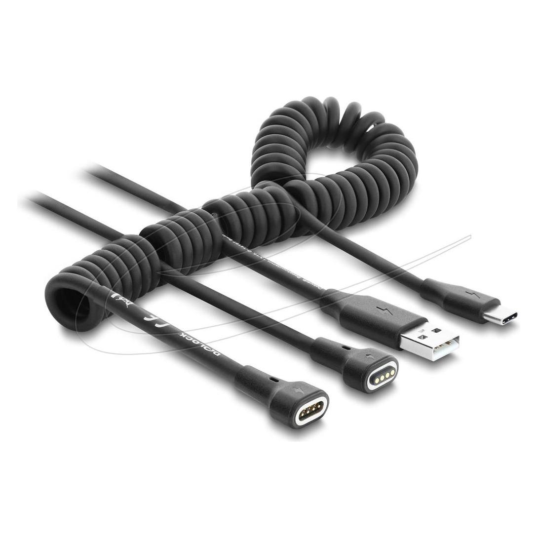 Delock Magnetisches Spiralkabel USB 2.0 Typ-A Stecker zu Pogo 4 Pin Stecker + USB Type-C Stecker zu Pogo (1.50 m, USB 2.0) (90992)