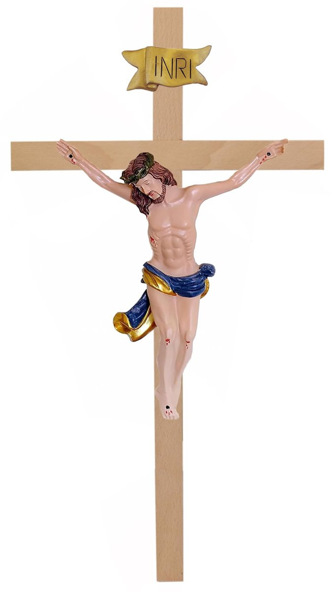 Solidchoice Houten Wandkruis met Handbeschilderde Jezus Christus Figuur
