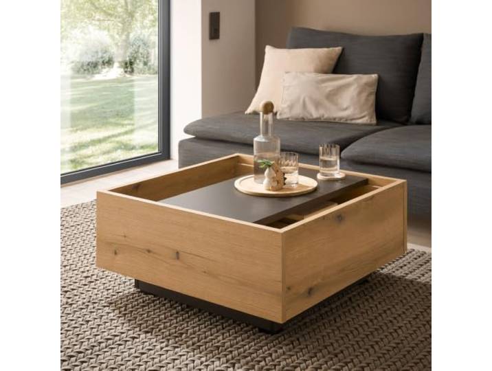 Lomadox Wohnzimmer Couchtisch in Eiche mit Graphit matt, 76 cm breit, Variable Tischplatte, Stauraum
