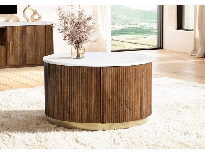 Couchtisch 80cm mit Tür 'Valencia'' Mango braun lackiert & Marmor weiss