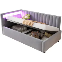 Polsterbett Schlafsofa 90x200 cm mit hydraulischem Stauraum und LED-Beleuchtung – klassisches Design in Hellgrau