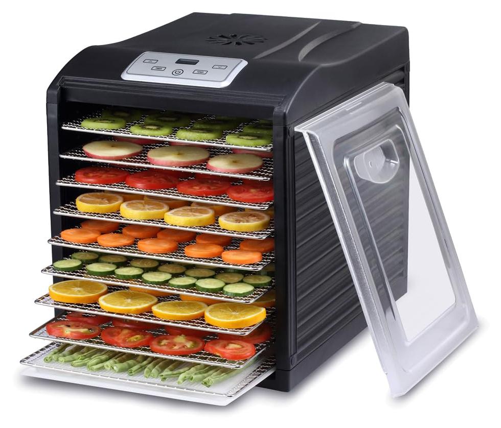 Lebensmitteldehydrator, 9 Edelstahl-Etagen, digital, 600 W, schwarz