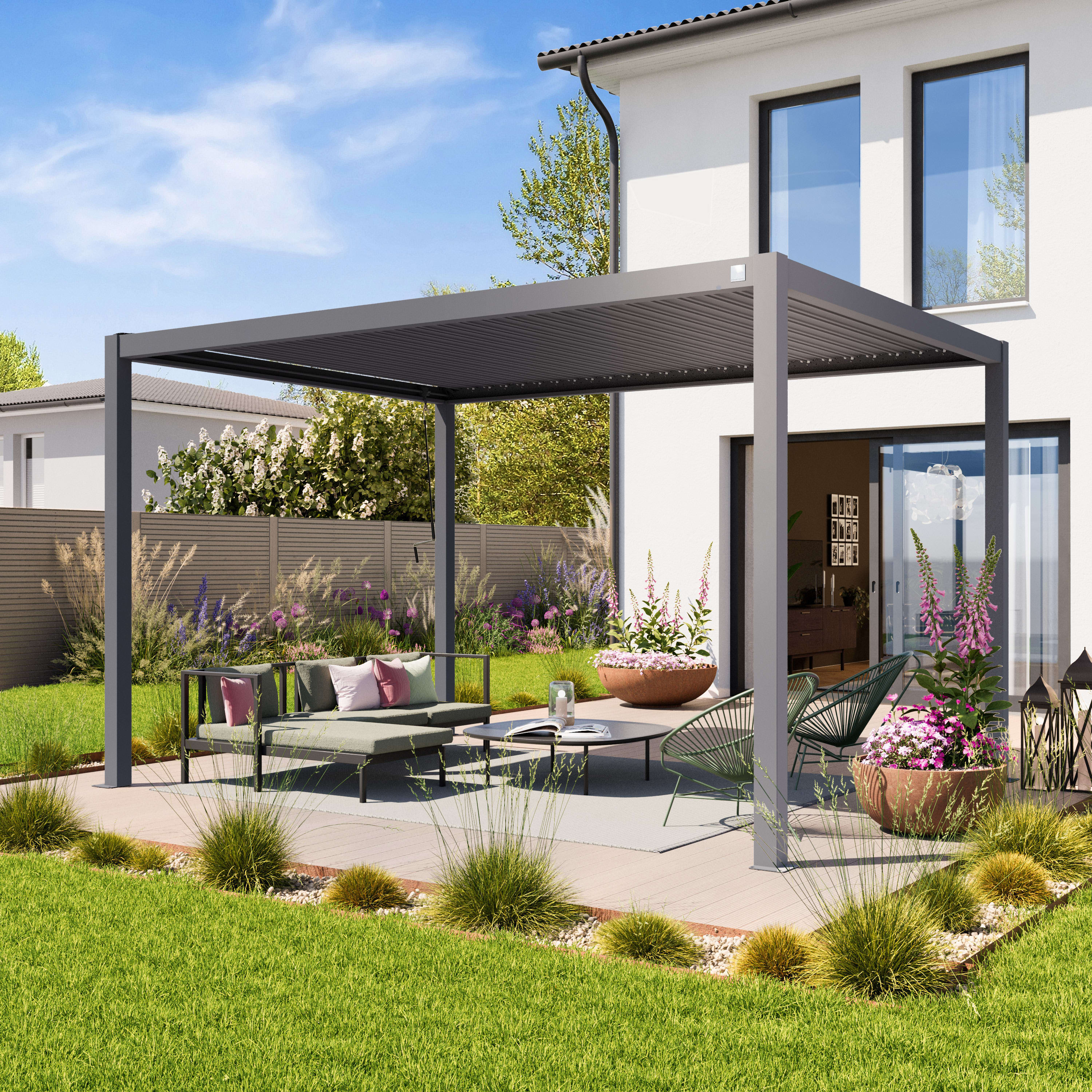 PRIMEYARD 3x4m Pergola in Perlgrau; mit Lamellendach in Perlgrau - (400107)