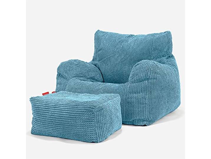Lounge Pug, Sitzsack Ohrensessel mit Hocker, Pom-Pom Türkis