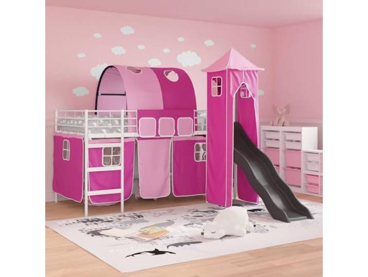 KTHLBRH Bett Loft Kinder 90 x 200 cm Weiß Rosa Metallgestell, Netzvorhänge, blau oder schwarz, faltbar, für den Innenbereich