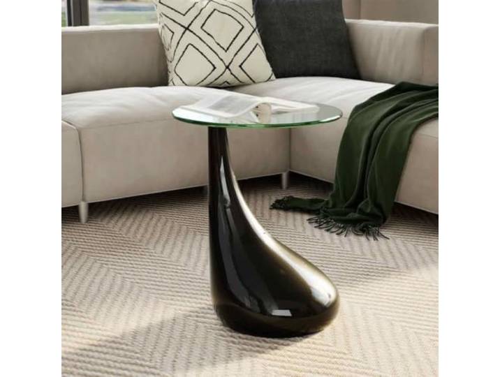 TEKGHUT Couchtisch Mit Runder Glasplatte Hochglanz Schwarz Hartglasplatte, Tropfenform Sockel, vielseitig nutzbar als Beistelltisch