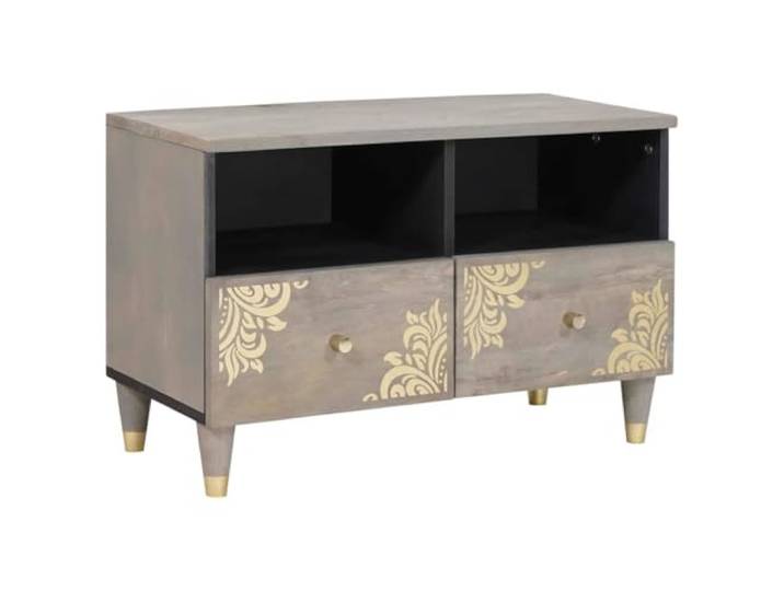 Xolmizyn TV-Schrank aus Mangoholz mit Schublade, Grau, 70 x 33 x 46 cm Massivholz-Konstruktion, Goldfarbener Siebdruck, Elegante Messinggriffe