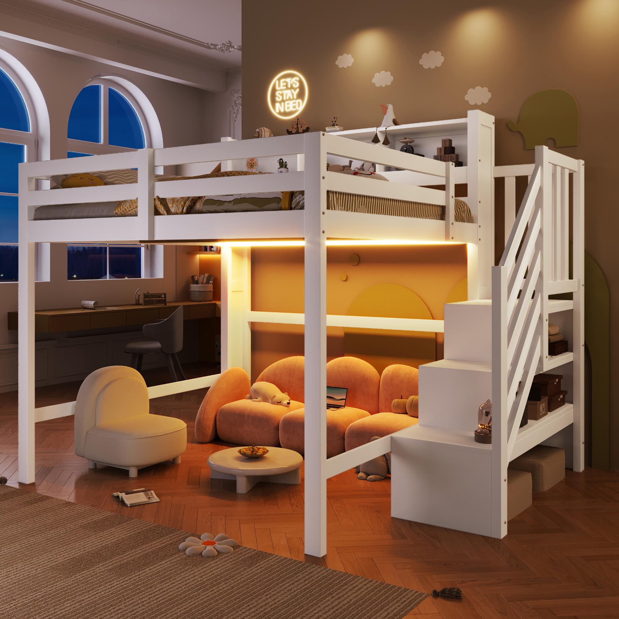 Merax Hochbett 90x200 cm, Etagenbett mit LED, Kinderbett, Treppe mit Stauraum, Regale, Kinderbett, Jugendbett, Massivholz Stockbett, Weiß