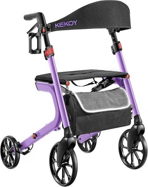 Rollator faltbar und leicht mit Sitz, 181 kg Traglast, auf allen Geländen. Aluminium höhenverstellbarer Outdoor Rollator für Senioren mit 44 cm Sitzkissen, Lehne, Stauraum & Becherhalter, Lila