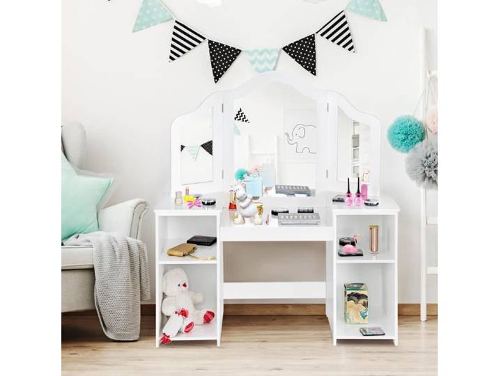COSTWAY Coiffeuse pour Enfants 2 en 1 avec Miroir Amovible Bureau Enfant avec 4 Étagères de Style Princesse pour Filles Blanc