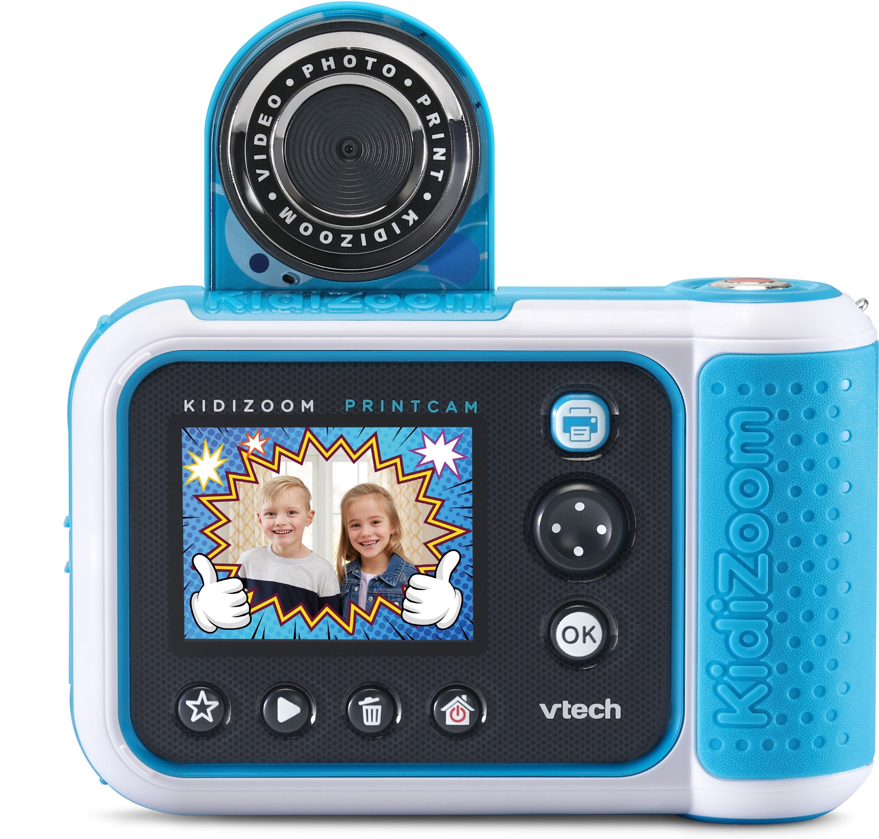 Kinderkamera VTECH "KidiZoom Print Cam", blau, Fotokameras, KinderB:13,4cm H:9,2cm T:4,8cm, Kinderkamera, 5 MP, mit eingebautem Thermodrucker, B:13,4cm H:9,2cm T:4,8cm