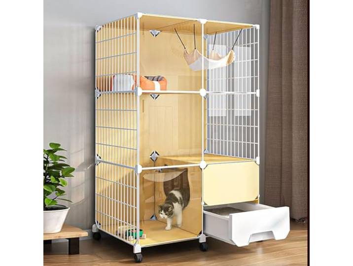 TXGJWRA Katzengehege für den Außenbereich, Katzenlaufstall, Laufstall für Kleintiere, Kaninchenkäfig, Meerschweinchen, Welpen, Innenbereich, Gelb, 77 x 47 x 112 cm