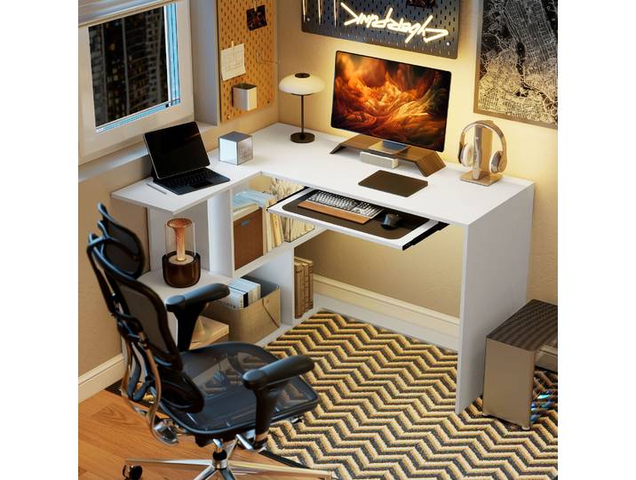 HOMCOM Bureau d'Angle en L avec Rangement Blanc 120x100x76cm