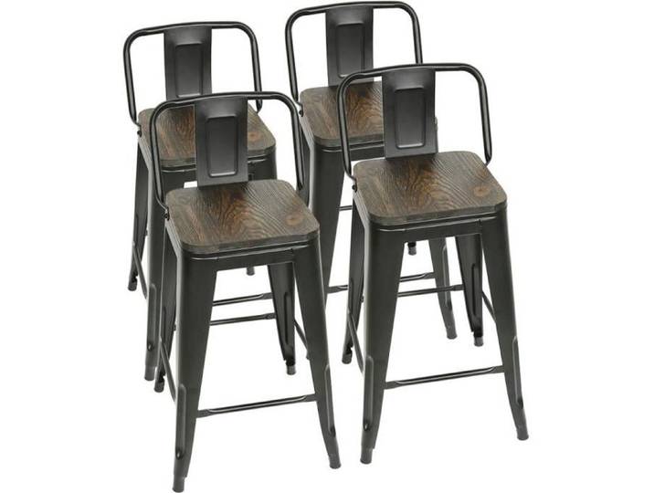 LaiZere!!! 4X Tabouret de Bar en Metal Style Industriel Avec Assise + Dossier - Hauteur 63.5 cm