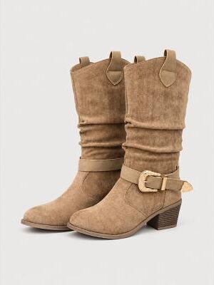 LightInthebox Women's Khaki Slouchy Western Mid-Calf Boots, Adjustable Gold Buckle Strap Stacked Heel Cowgirl Boots, Vintage Tall Boots for Country Farm Trips, Autumn Street, Travel Sightseeing Music Festivals