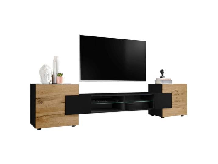Komodee Lowboard Merano Schwarz, Schwarz, Schwarz, Eiche Wotan, 4 Fächer, Rechteckig, 230x52.5x35 cm, Wohnzimmer, TV Möbel, Lowboards, Lowboards stehend