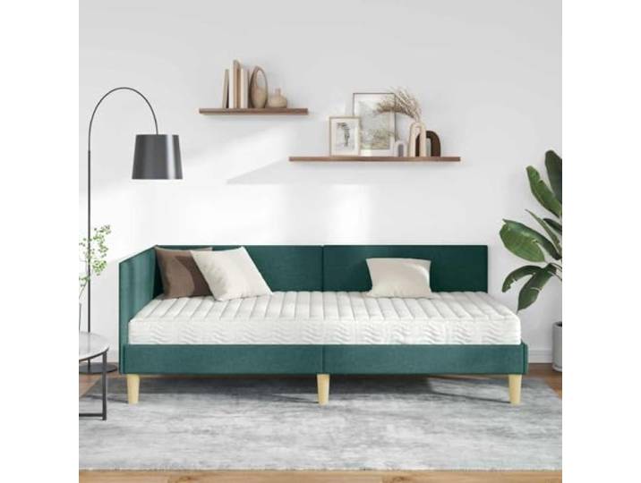 Eckbett mit Matratze Grün Stoff Einzelbett Kopfteil für die Wand, verstellbar, Multi-Zonen-Unterstützung, Sperrholz, langlebig, einfache Reinigung