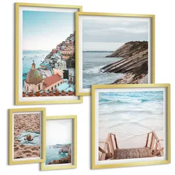 BILDER SET 5er Set - 50x50 cm & 20x30 cm & 40x60 cm Goldrahmen - Berglandschaften und Wasserfälle