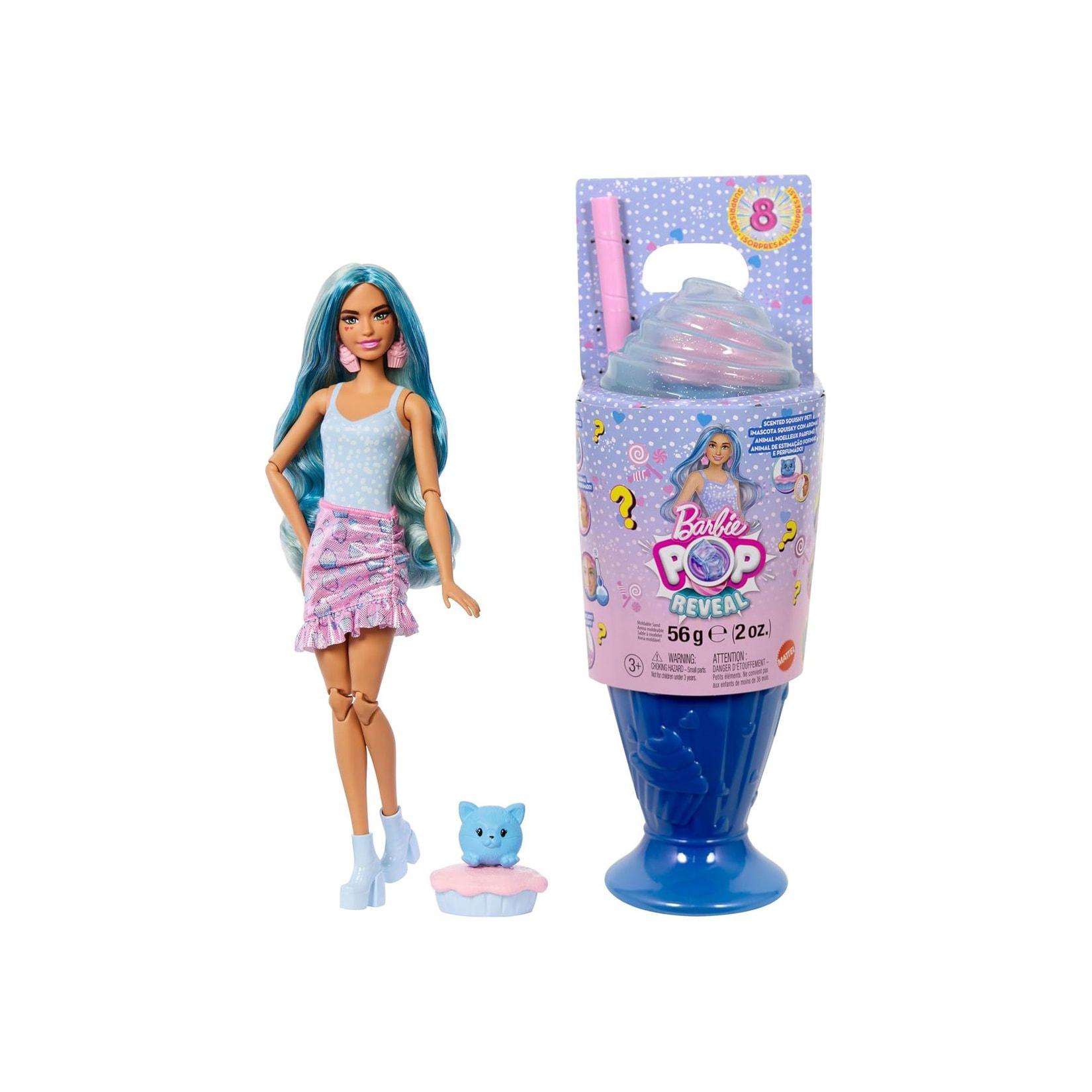 Mattel JFY61 - Barbie - Pop Reveal - Modepuppe mit 8 Überraschungen und formbaren Sand (56g), Cupcake Design