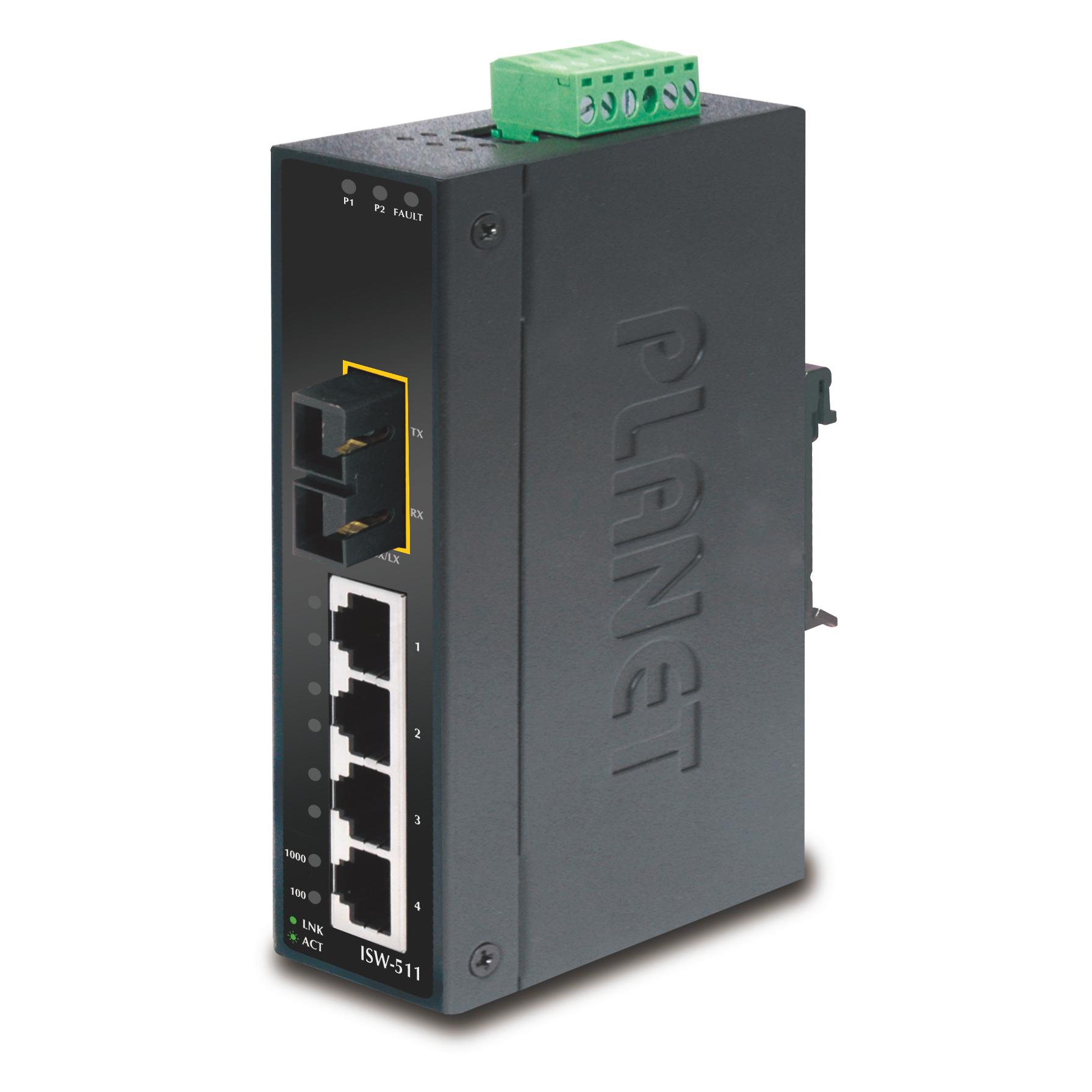 Planet IP30 Slim Type 4-Port industrieller Ethernet Switch + 1-Port 100Base-FX(SC) (-10 - 60ø C) (4 Ports) (ISW-511)