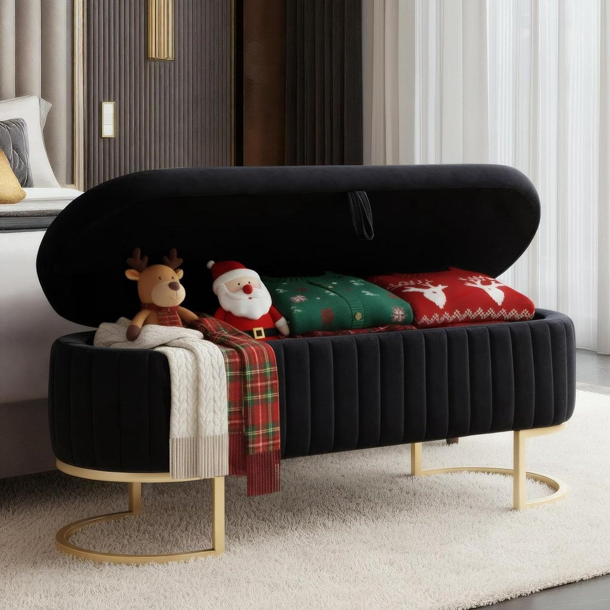 Vervel Pouf met Opbergruimte en Verborgen Compartiment - Zwart Velvet - Voetenbank Ottoman voor Slaapkamer en Hal