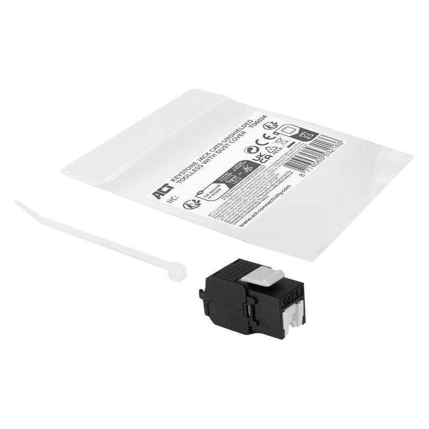 ACT Keystone Jack RJ45 CAT6 Unshielded toolless with shutter, black (TD6024)
